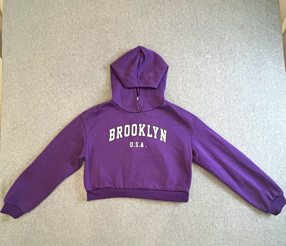 SHEIN Purple Fleece Pullover Hoodie Brooklyn U.S.A. Graphic Logo Sz 11-12Y